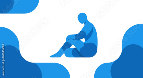 Tableau sur toile Abstract Blue Human Silhouette Sitting Contemplative
