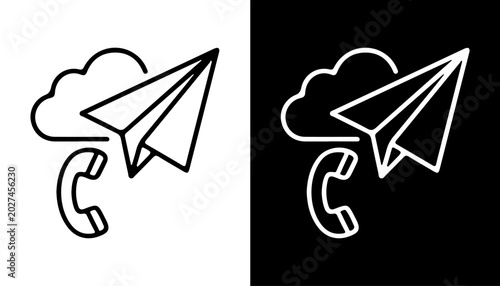 Cuadro en lienzo Communication Icons: A set of minimalist line icons symbolizing communication, featuring a paper airplane launching from a cloud, next to a telephone receiver