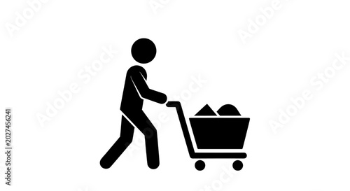 Foto Stick figure person pushing shopping cart filled with goods, isolated on white b
