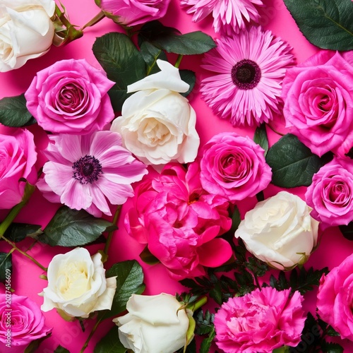 Bright Pink Flowers Stand out Against a Colorful Background Filled With Vario...