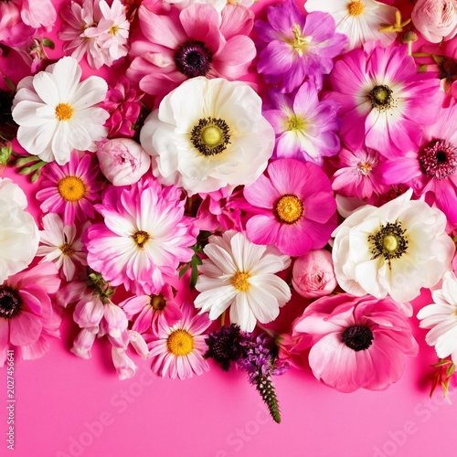 Bright Pink Flowers Stand out Against a Colorful Background Filled With Vario...