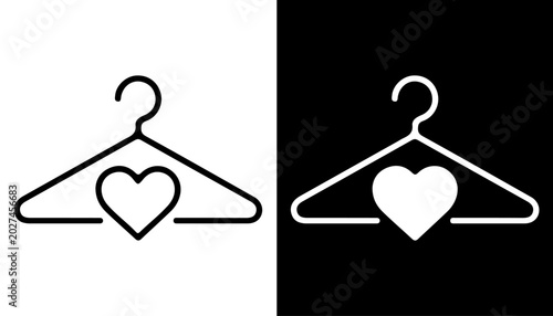 Tableau sur toile Heart Hanger Icon: A minimalist icon featuring a hanger with a heart symbol, presented in both outline and filled versions, symbolizing love for fashion or clothing care