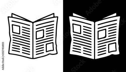 Photos Newspaper Icon: A minimalist illustration of an open newspaper, presented in both black and white versions, symbolizing information and news dissemination