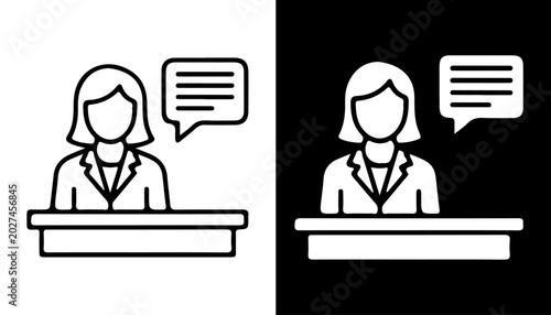 Photos Speaker Icon: A modern, clean vector icon depicting a person speaking behind a podium, with a speech bubble indicating communication, presented in both black and white for versatility