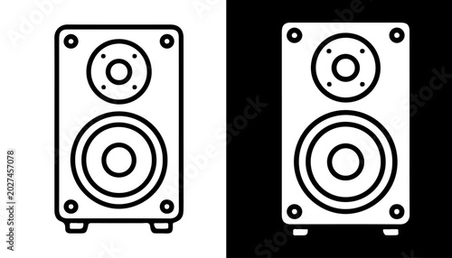 Audio Speaker Icon: A stark black and white graphic representation of a modern audio speaker, showcasing its dual-cone design and speaker grill.