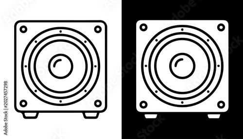 Bilde på lerret Audio Speaker Icon: A minimalist, modern icon representing an audio speaker, depicted in a clean, line-art style against contrasting black and white backgrounds