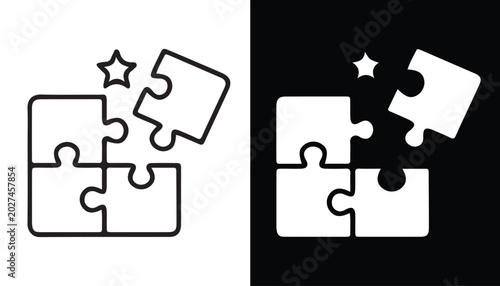 Schilderij op canvas Puzzle Pieces Connection: An illustration showing puzzle pieces fitting together, with one piece suspended in air ready to connect, symbolizing solutions, teamwork, and completion
