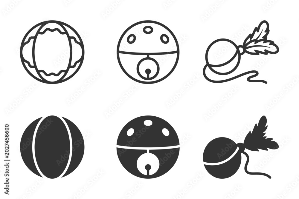 Fototapeta premium Outline and solid designs of balls with patterns and accessories.