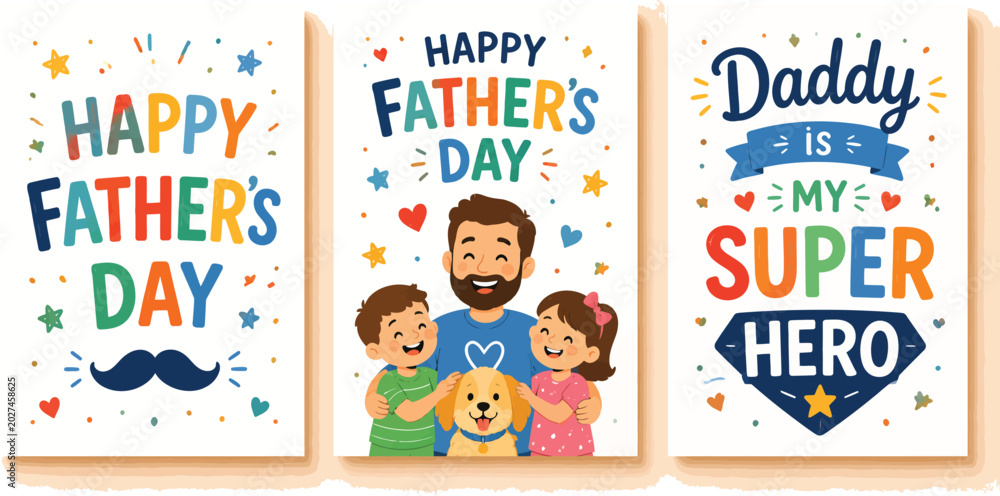 Fototapeta premium Happy father's day illustration set with family and dog portraits