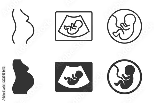 Pregnancy and ultrasound icon set featuring fetal silhouettes.
