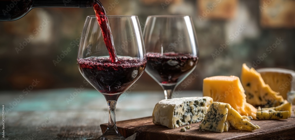 Fototapeta premium The Wine Glasses and Artisanal Cheese Platter on a Rustic Wooden Table