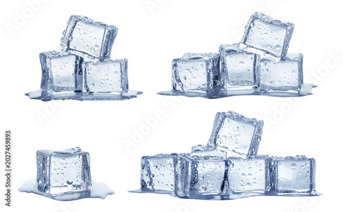 Schilderij op canvas Ice cubes set in multiple compositions with melting water and droplets, isolated