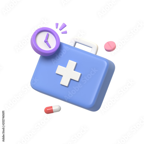 Vibrant 3D rendering of a first aid kit clock and medication conveying timely medical care and health support in a clean isolated style.3d render