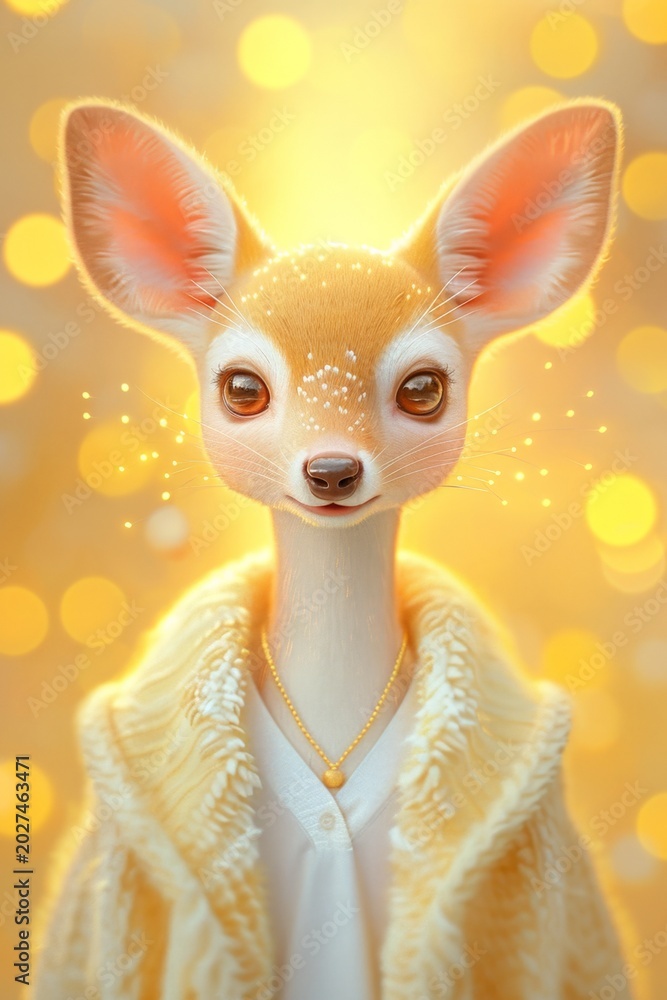Fototapeta premium Cute deer with large ears and gentle eyes. It wears a cozy, cream-colored coat. The background glows with soft, golden bokeh lights. The deer appears calm and friendly. Perfect for themes like nature