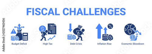 Tableau sur toile Fiscal Challenges web banner icon concept, with Budget Deficit, High Tax, Debt Crisis, Inflation Rise