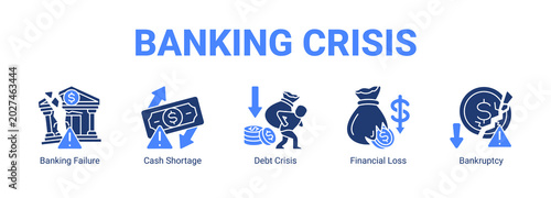 Фотография Banking Crisis web banner icon concept, with Banking Failure, Cash Shortage, Debt Crisis, Financial