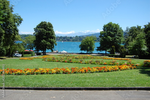 Colorful flower beds in a lakeside park at Lake Geneva, Switzerland.