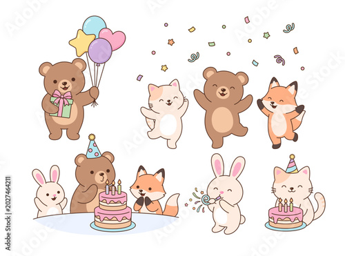 Cute funny animals celebrating birthday, set of simple kids kawaii illustrations.