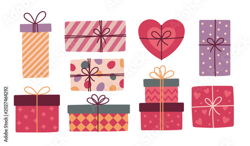 Gift boxes and packaging in various shapes and designs. Set of simple cute doodle style illustrations
