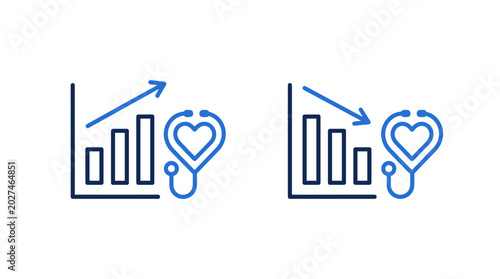 Iconographic representation of positive and negative trends in healthcare, using bar charts and a stethoscope.