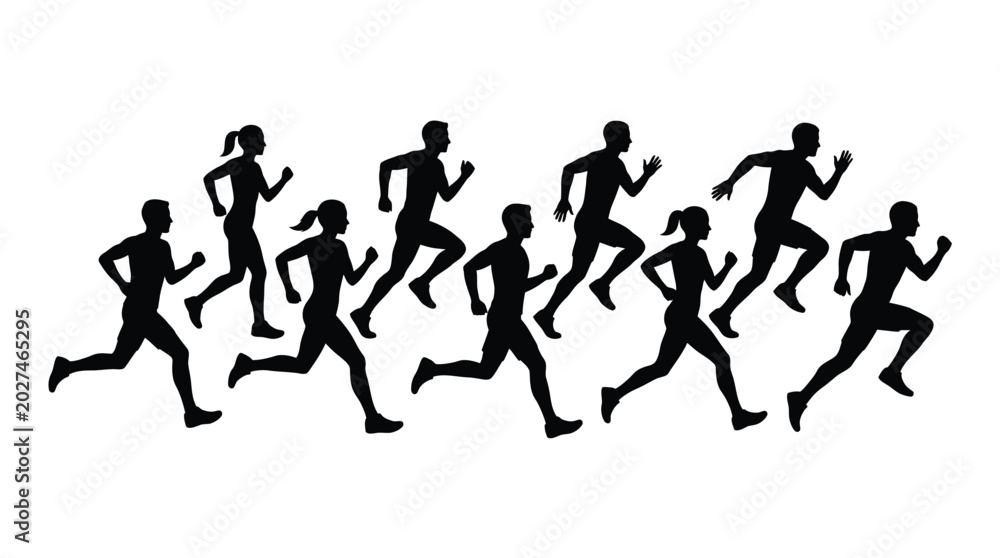 Obraz premium A group of active people running together in a fast motion in this black silhouette photograph