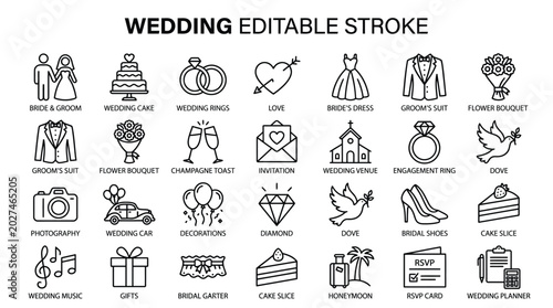 A set of black and white wedding icons featuring various romantic symbols for marriage events