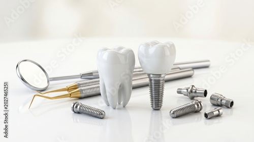 dental implant with natural tooth and dentistry tools on white background, medical treatment concept.