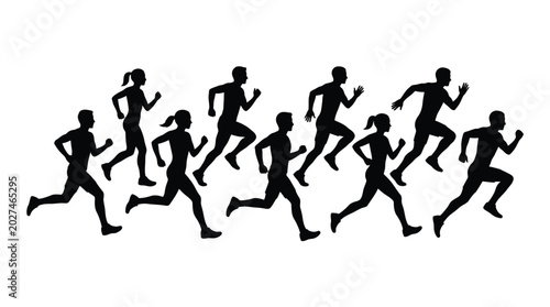A group of active people running together in a fast motion in this black silhouette photograph