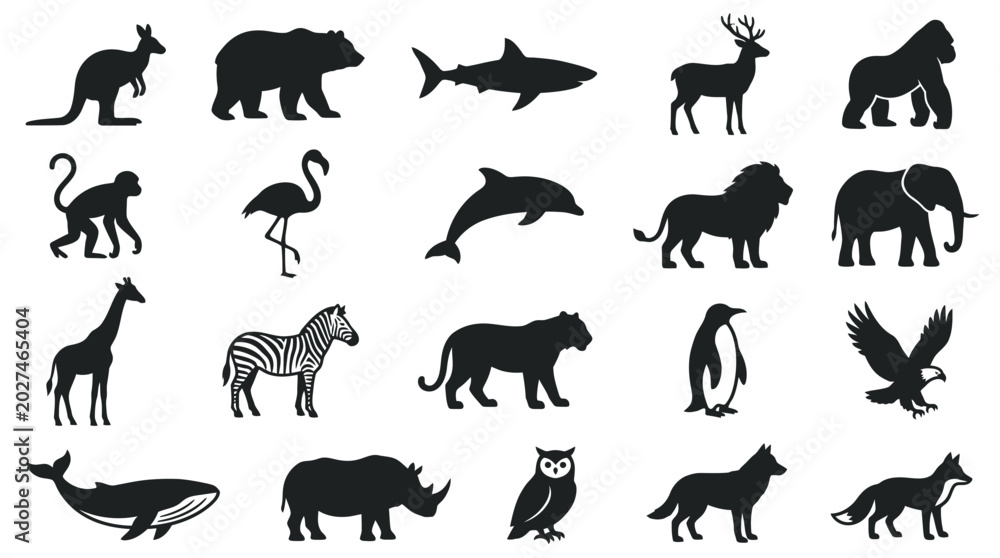 Obraz premium Black silhouettes of various wild animals arranged in a grid pattern in this clean digital photograph