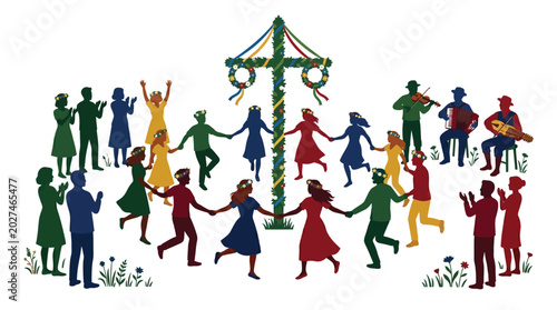 People dancing around a colorful maypole in a traditional festive celebration during the spring season