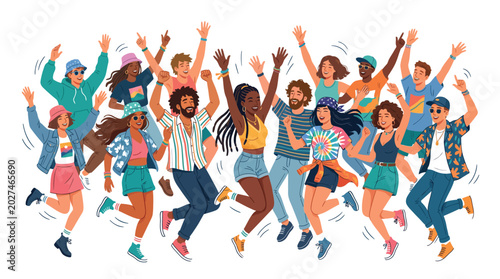 Group of diverse young friends jumping together while celebrating life in this joyful colorful illustration shot
