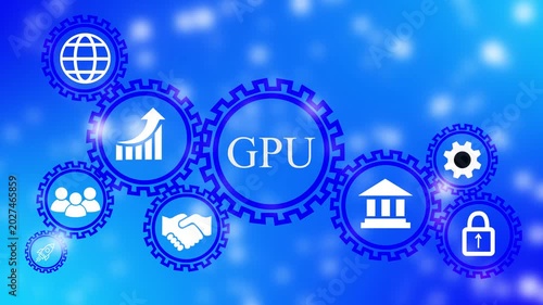 Cyan gears with icons for GPU and technology concepts on blue blurred background cogwheels graphics processing unit