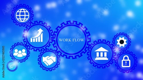Interconnected Gears Illustrating Workflow and Business Processes with Digital Icons operations system. 