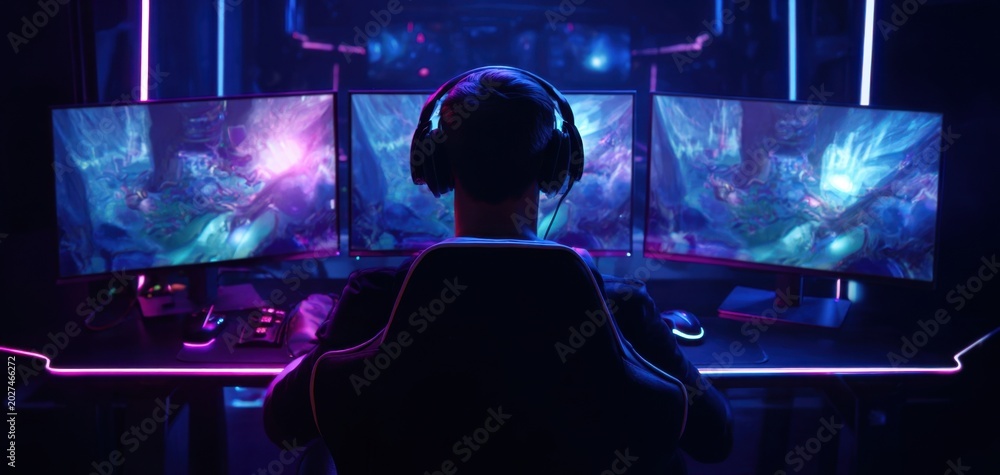 Obraz premium The gamer immersed in neon-lit triple monitor setup playing a fantasy video game