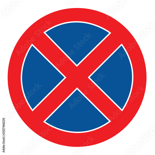 A standard circular regulatory traffic sign featuring a blue background, a bold red outer circle, and a red cross (X) indicating that stopping and parking are strictly prohibited