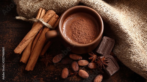Cocoa drink setup shows cocoa powder, chocolate pieces, cinnamon sticks, and beans on a table