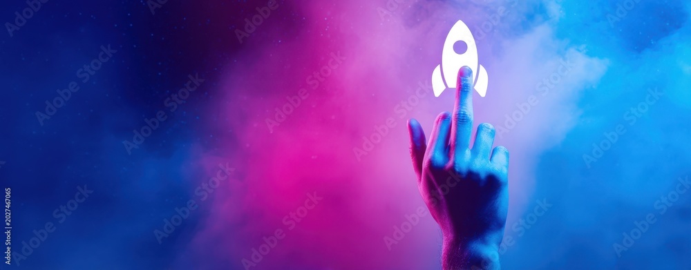 Fototapeta premium The Rocket Icon Being Launched by a Futuristic Hand in Space