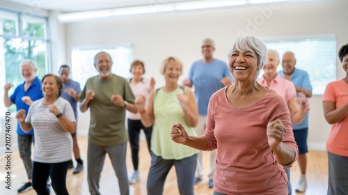 Group of happy senior people dancing and doing light exercise together in a bright community center