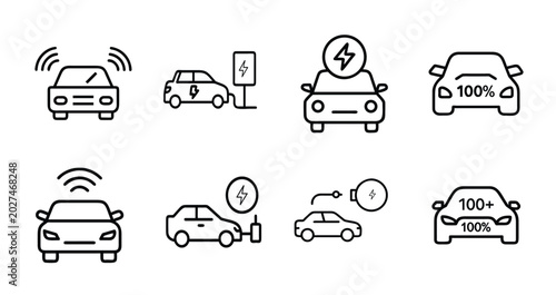 Electric car outline icons set ev charging vehicle power battery eco energy hybrid autonomous smart transport auto terminal & more vector illustration with editable stroke.