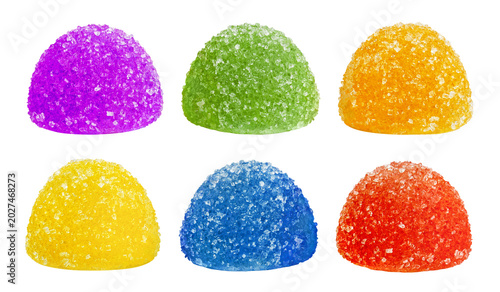 Set of delicious colorful sugar coated jelly candies, isolated on cutout transparent background