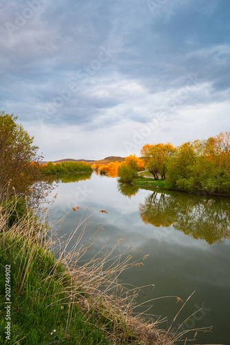 Foto Calm water of river Mures with sunlit hills in the distance, central Transylvania, Romania