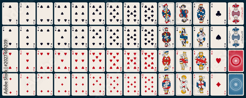 Playing card set. Vector 52 poker playing cards with backs. Cartoon simple medieval style. Vintage court characters and luxury casino aesthetic, perfect for poker, branding, mobile games and print