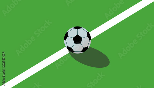 Soccer ball on a green field with a white line
