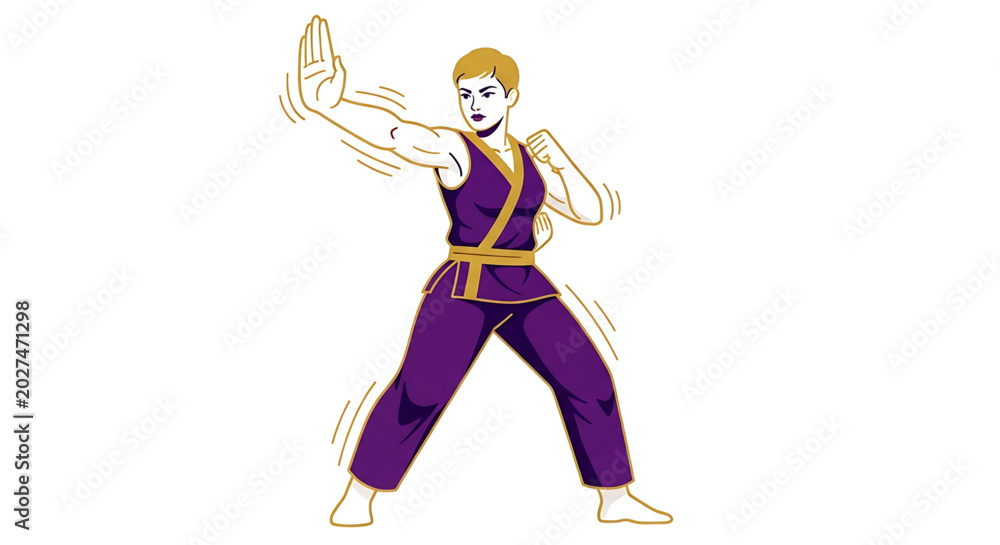 Obraz premium Woman practicing karate in a purple uniform