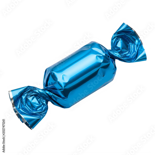 A single piece of tasty candy wrapped in shiny bright blue foil paper for a sweet holiday treat