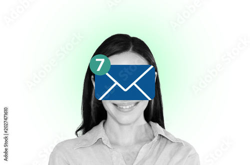 A woman stands smiling with her face covered by an envelope icon. The icon shows a number seven, indicating new messages or notifications. The background is light in color.