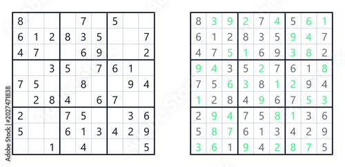 Easy difficulty sudoku puzzle with solution isolated on white background