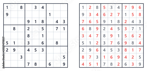 Sudoku number puzzle of medium difficulty showing unsolved grid and completed solution, isolated on white background.