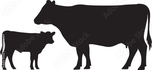 Bild auf Leinwand Black silhouette of a cow and calf standing together on white background