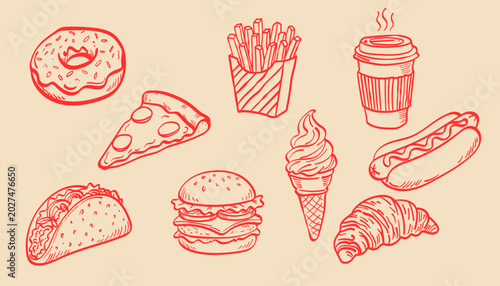 Foto Hand drawn fast food set, doodle style vector illustration of burger, pizza, fri